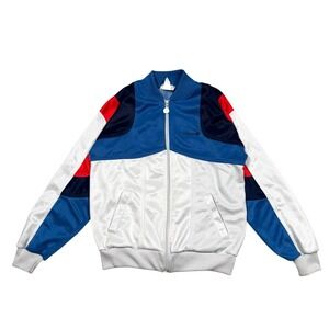 adidas White Blue Red Colorblock Satin Bomber Jacket